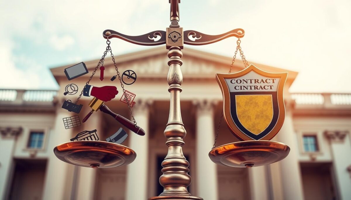 A visually balanced scale symbolizing justice, one side representing acts with diverse symbols like a handshake and a gavel, and the other side illustrating rights and obligations through imagery of a contract and a shield, set against a backdrop of classical legal architecture.