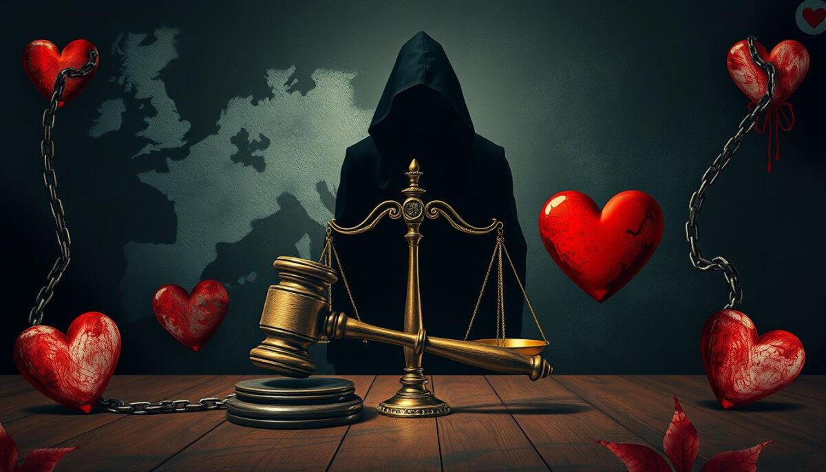 A gavel and scales of justice in a courtroom setting, surrounded by abstract representations of relationships and conflict, featuring symbolic elements like chains to denote coercion, entwined hearts to signify adultery, and a shadowy figure lurking in the background to suggest manipulation, all rendered in a dramatic, moody color palette.