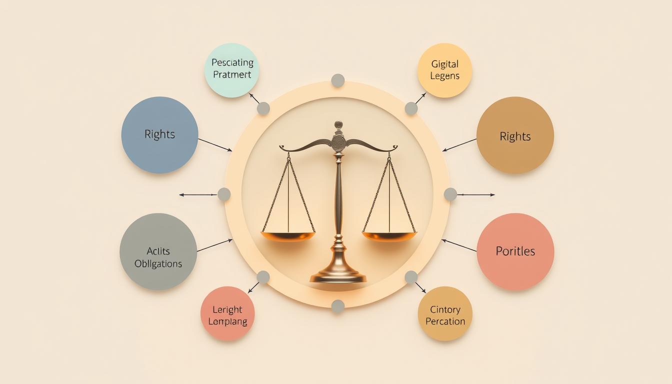 A symbolic representation of interconnected scales of justice, featuring a balanced scale surrounded by various abstract shapes representing different rights and obligations, with soft gradients and harmonious colors to convey a sense of balance and unity in the concepts of acts, rights, and obligations.